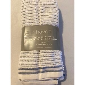 Haven Kitchen Towels Set of 3 Oversized Absorbent White Navy Blue Striped New